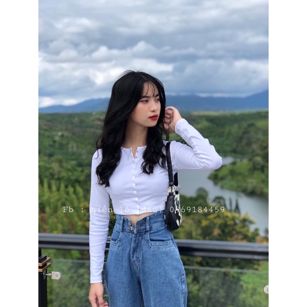 Set baggy jeans 2 nút + croptop gân tay dài