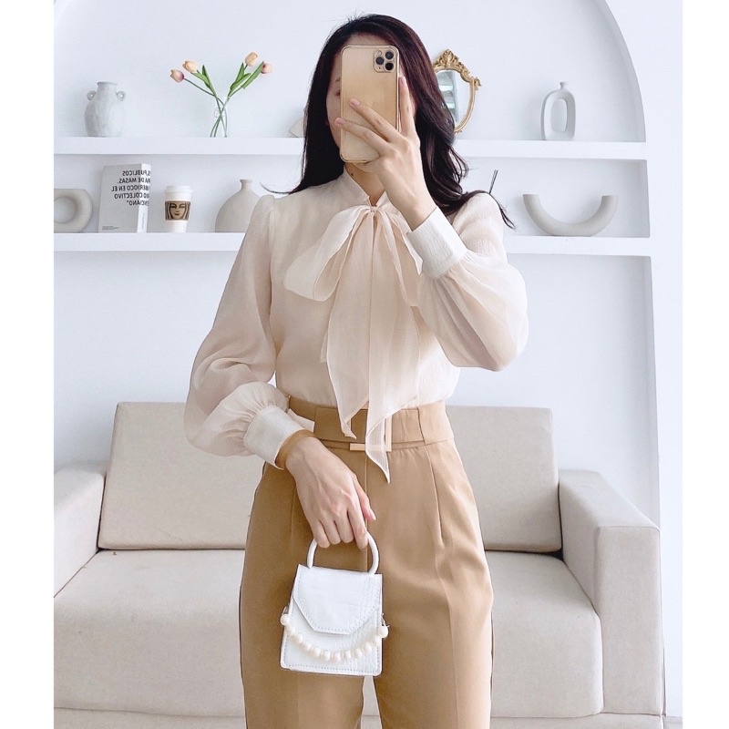 Áo sơ mi cổ nơ charm official phong cách hàn quốc trẻ trung chất liệu tơ mềm có lót bên trong mặc đi chơi đi làm A75