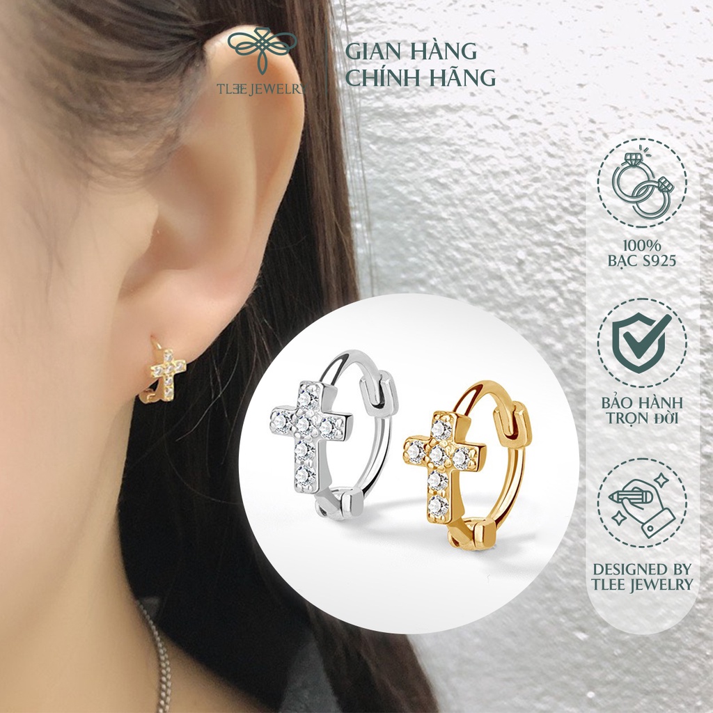 Khuyên tai bạc unisex TLEE tròn thánh giá nạm đá mẫu đeo ngắn có chốt bấm NCJ B0141