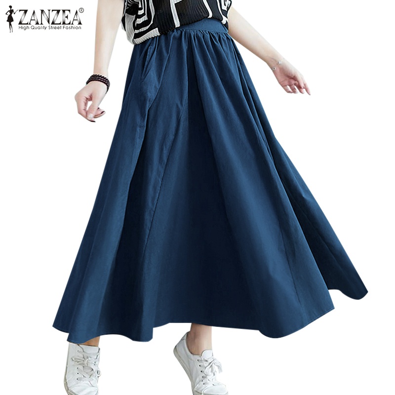 Chân váy dài ZANZEA lưng co giãn màu trơn phong cách Hàn Quốc retro cho nữ