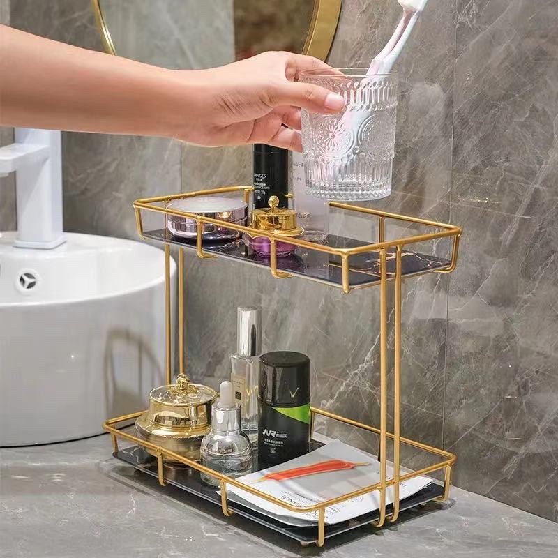 Kệ khung sắt vàng 1 - 2 tầng đĩa sứ vân đá sang trọng đựng đồ đa năng trang trí phòng ngủ, nhà tắm