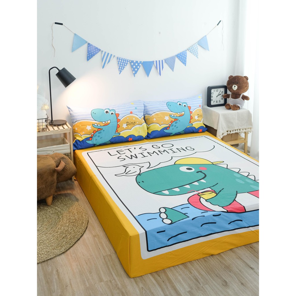 Ga Gối Cotton FREESHIP Bộ Ga Giường Khủng Long Bơi - Ga Trải Giường Thiết Kế Mịn Decor