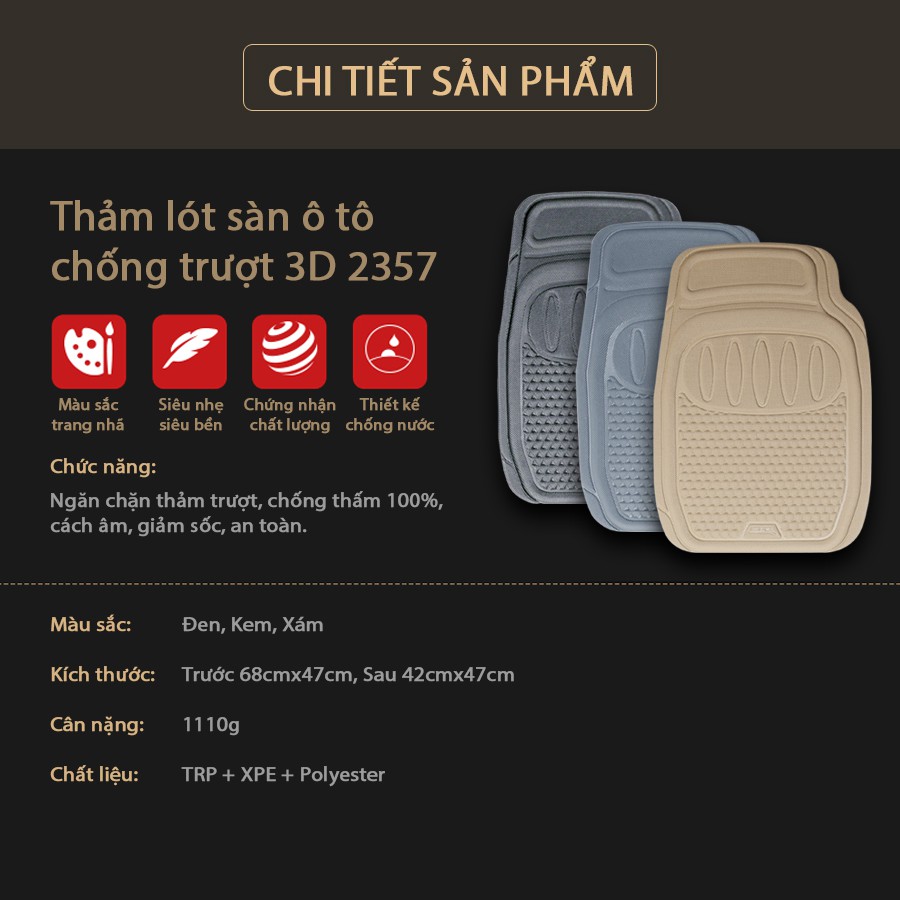 [Mã INCU300 giảm 10% đơn 499K] Bộ Thảm Lót Sàn Ô Tô Chống Trượt 3D 2357 Màu Xám 4 Chỗ Nhập Khẩu Chính Hãng