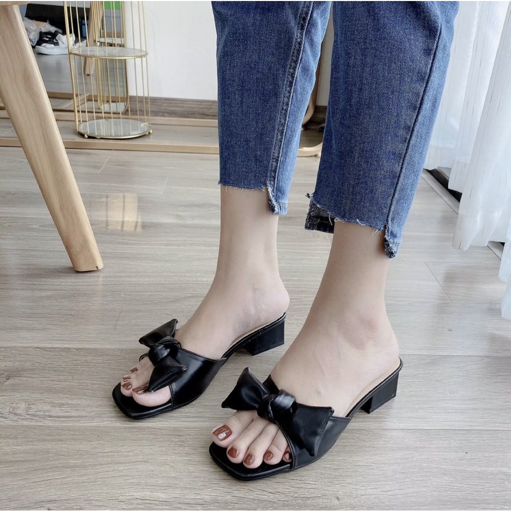 Dép cao gót nữ hàn quốc cao 3cm phối nơ bính cực đẹp