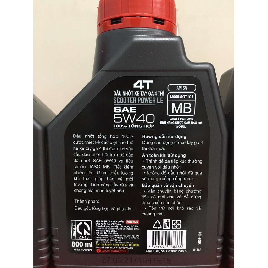 Combo Nhớt Motul Scooter Power LE 5w40 0,8L + Nhớt Hộp Số Motul Scooter Gear Plus 80w90 (XE TAY GA)