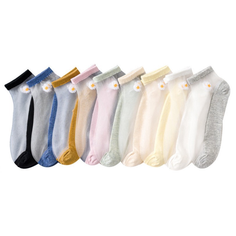 Cặp vớ ngắn cotton lưới pha lê rỗng siêu mỏng xuyên thấu thoáng khí co giãn trang trí hình hoa cúc thời trang Hàn Quốc