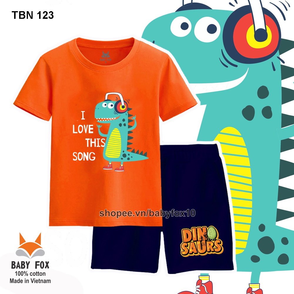 Bộ thun bé trai 100% cotton loại tốt, thương hiệu BABY FOX, hình khủng long T-rex, size nhỏ, trung, đại b