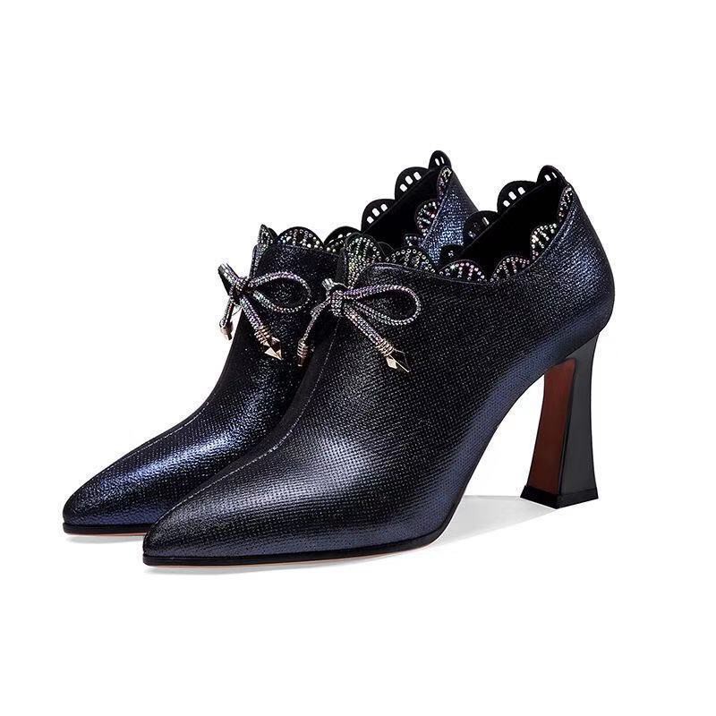 ∋2021 autumn and winter new leather deep-mouthed high-heeled shoes, women s fashion bowknot rhinestone all-match thick-heeled shoes