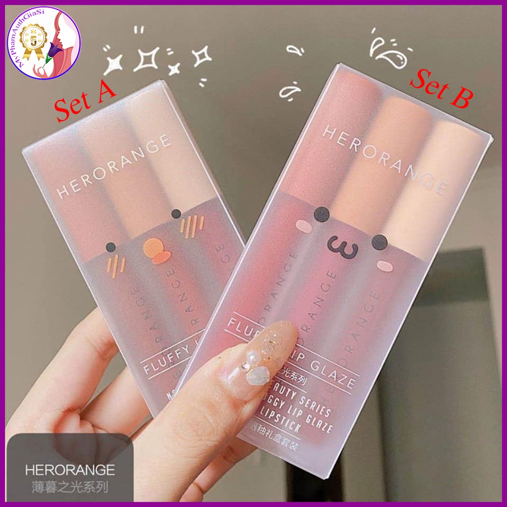 Son kem lì herorange siêu xinh mềm - mịn mượt - lâu trôi - an toàn fluffy lip glaze set 3 cây - set a & b - hàng auth