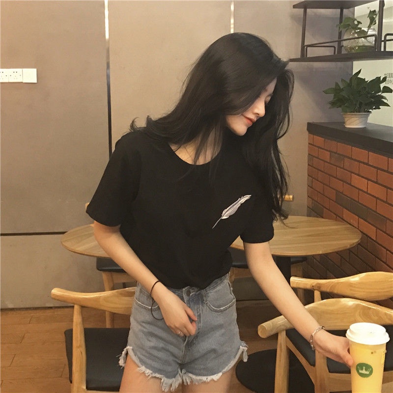 T-shirt female large student's versatile T-shirt versatile round neck small loose thin short sleeve retro Hong Kong Style t-shirt female