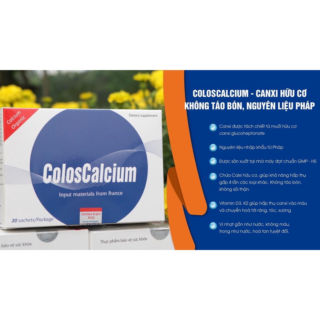 Coloscalcium -Bổ sung Vitamin K2, D3- có tác dụng giúp tăng cường hấp thu và vận chuyển canxi vào xương- giúp xương khỏe