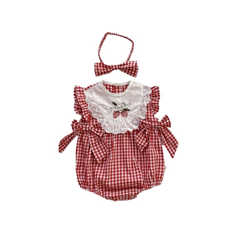 Bộ Áo Liền Quần Không Tay Bằng Vải Cotton Phối Ren Kẻ Sọc Caro Kèm Băng Đô Thời Trang Cho Bé Gái