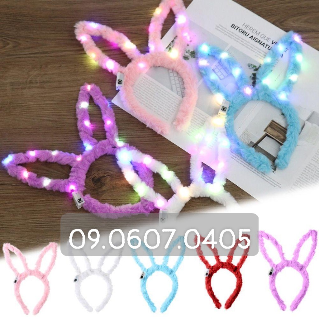 Bờm tai thỏ mèo có nơ kèm pin có đèn phát sáng nhấp nháy cho bé vui chơi Trung Thu