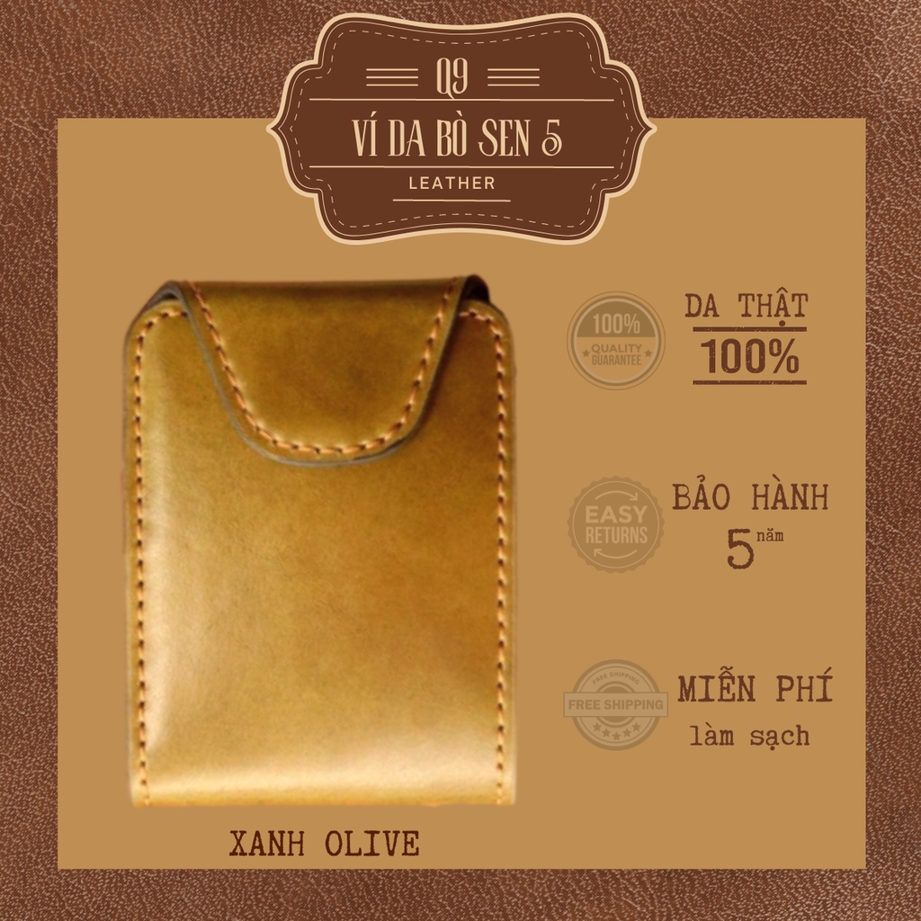 Ví da nam Q9 LEATHER Ví Sen 5 da bò thật cao cấp Màu Xanh Olive