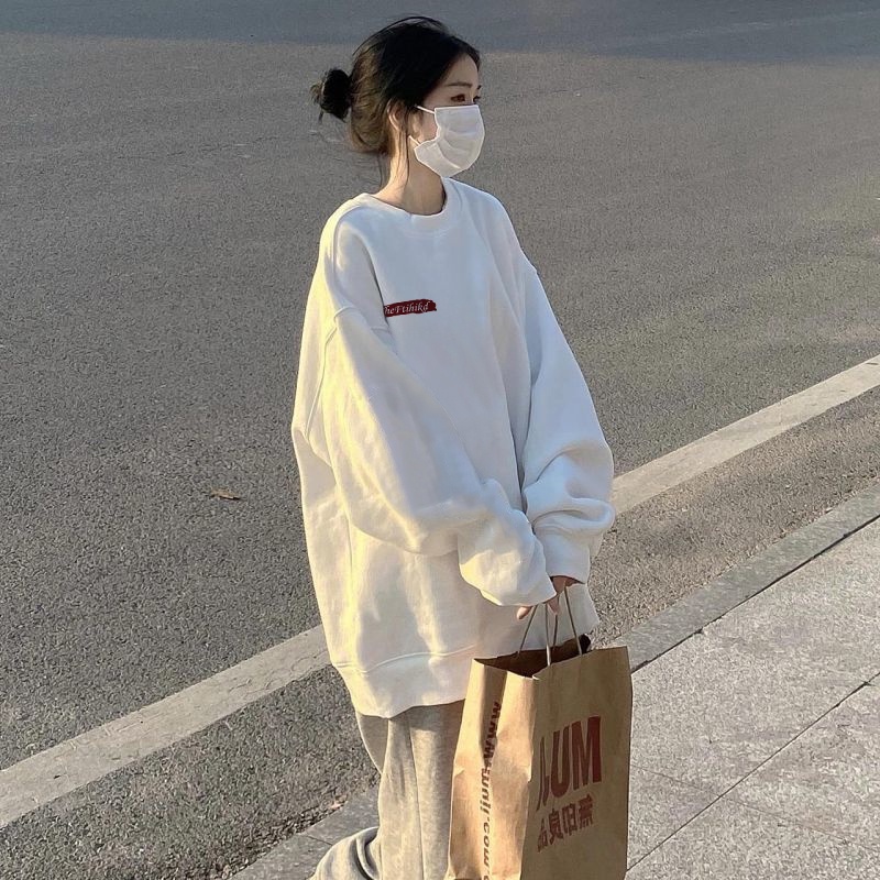Áo sweater SELVZE tay dài cổ tròn dáng rộng in họa tiết phong cách cổ điển Mỹ thời trang cho nữ