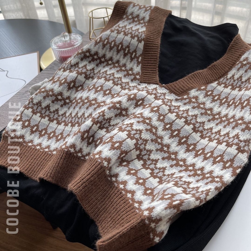 Áo len gile nữ thổ cẩm siêu ấm áp phong cách thời trang thu đông dành cho nữ Cocobe AL02