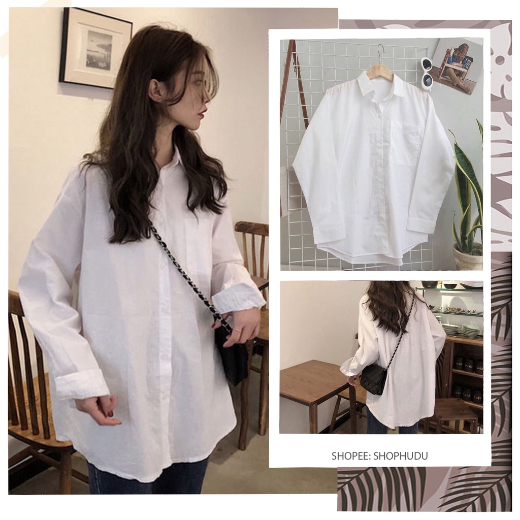 A025 Áo sơ mi trắng basic có túi ngực nam nữ học sinh sinh viên trẻ trung oversize Áo khoác ngoài chống nắng dài tay yêu