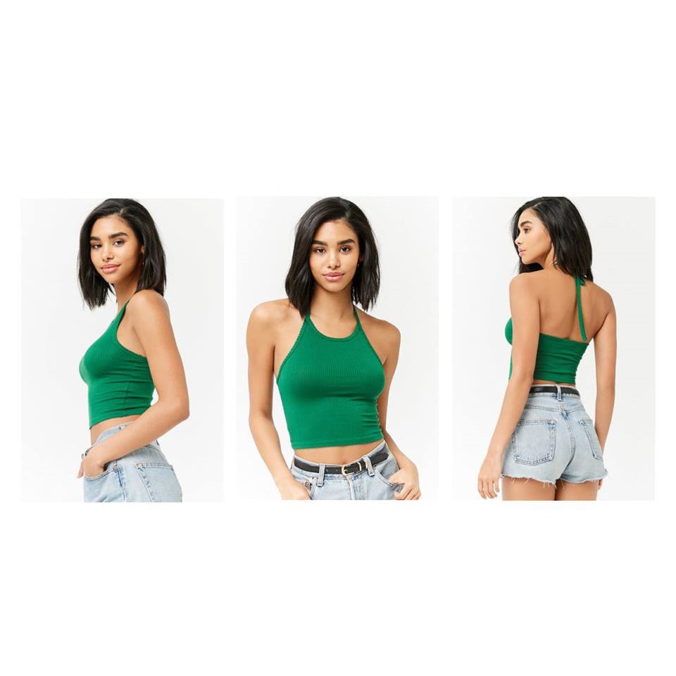 Áo yếm croptop F21 thun gân phối ren lai (Ribbed Halter Crop Top)