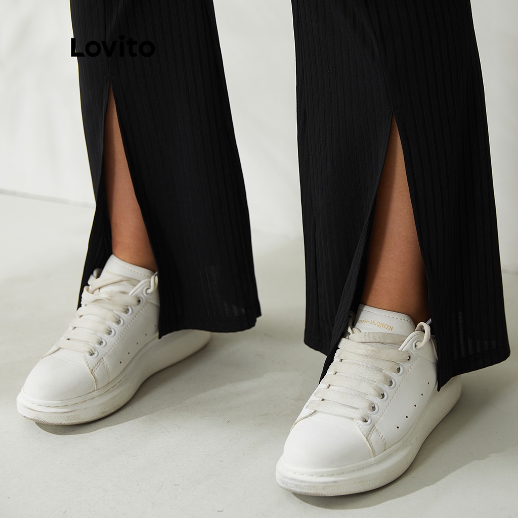 Quần dệt kim nữ Lovito ống loe độ co giãn cao eo thun xẻ tà trước màu trơn thường ngày tôn dáng size lớn LPS01006 (Đen)