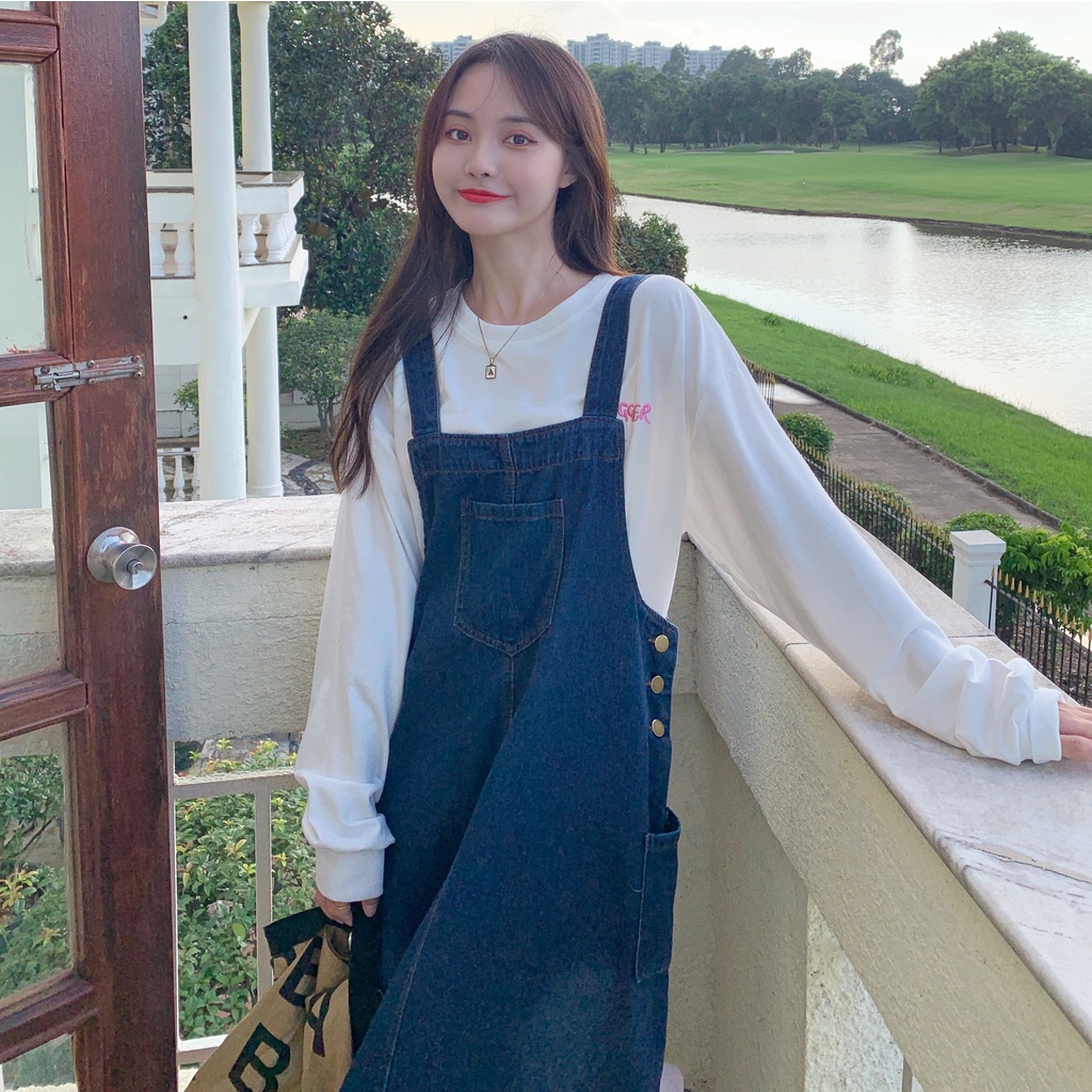 Set áo Sweater dáng rộng phối váy yếm kiểu cao bồi thời trang mùa thu cho nữ