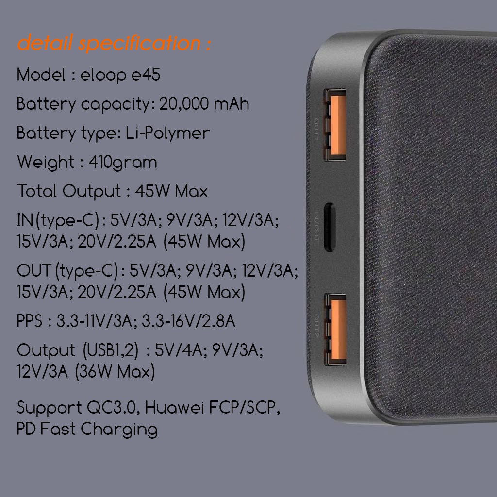 Pin sạc dự phòng Eloop E45 Dung Lượng 20000mAh  -  PD 45W