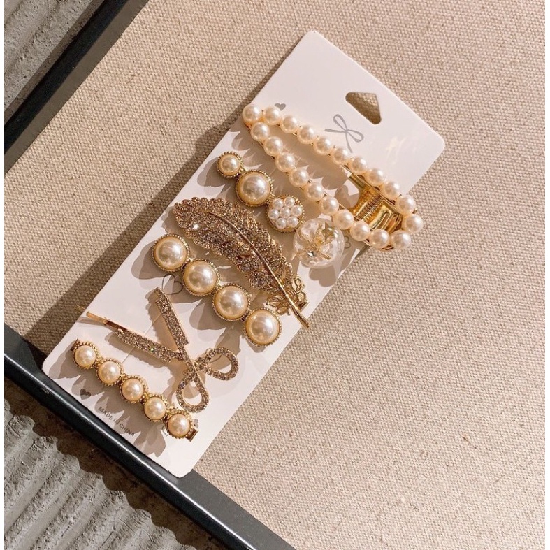 Set 6 Kẹp Tóc Đính Ngọc Ánh Vàng Hàn Quốc Sang Chảnh