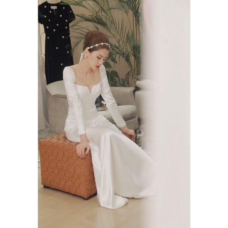 (ảnh thật) váy cưới cô dâu cổ vuông tay dài đính cúc vải, đầm trắng thiết kế dạ hội sang trọng 🎁