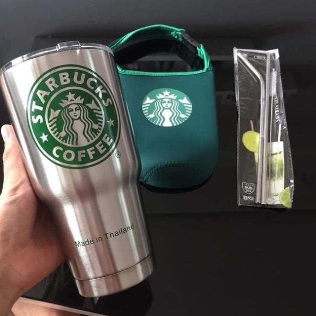Cốc Giữ Nhiệt Logo Starbuck 900ml , Tặng Kèm Ống Hút, Thanh Cọ Rửa Và Túi Đựng - Tiện Lợi Cho Mang Xách