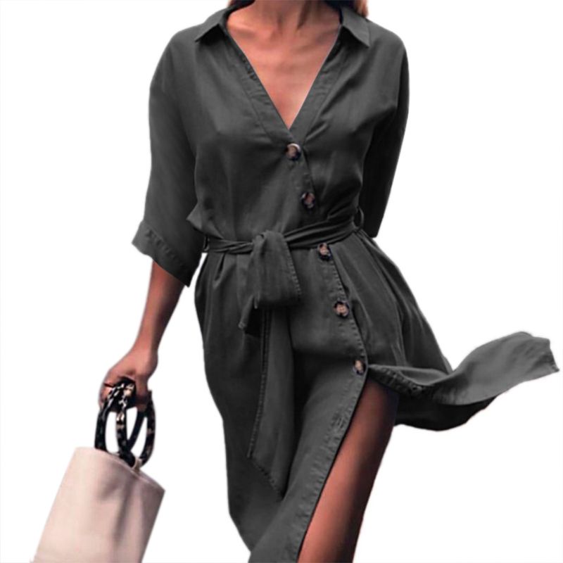 Đầm Sơ Mi Midi Cổ Chữ V Tay Lửng Dáng Rộng Phối Thắt Lưng Thời Trang Dành Cho Nữ