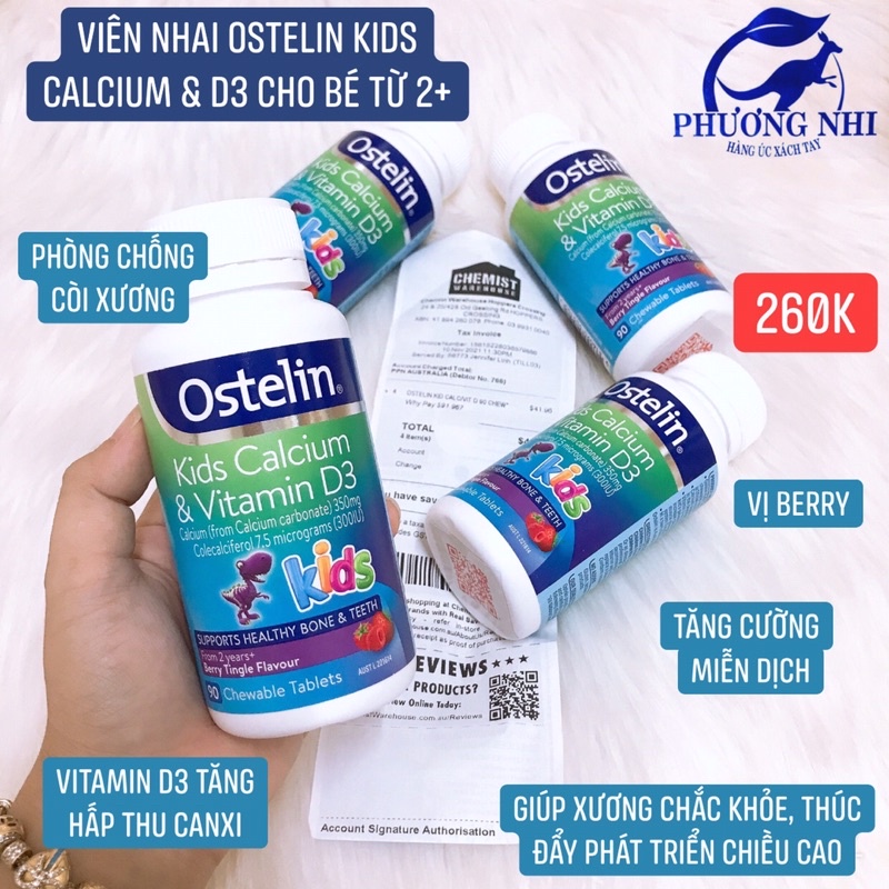 viên nhai bổ sung canxi và vitamin D cho trẻ trên 2 tuổi Ostelin Vitamin D & Calcium Kids 90 viên