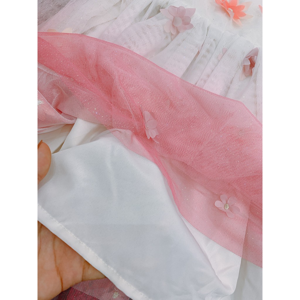 Váy bé gái h.,m trắng hồng đính hoa nổi