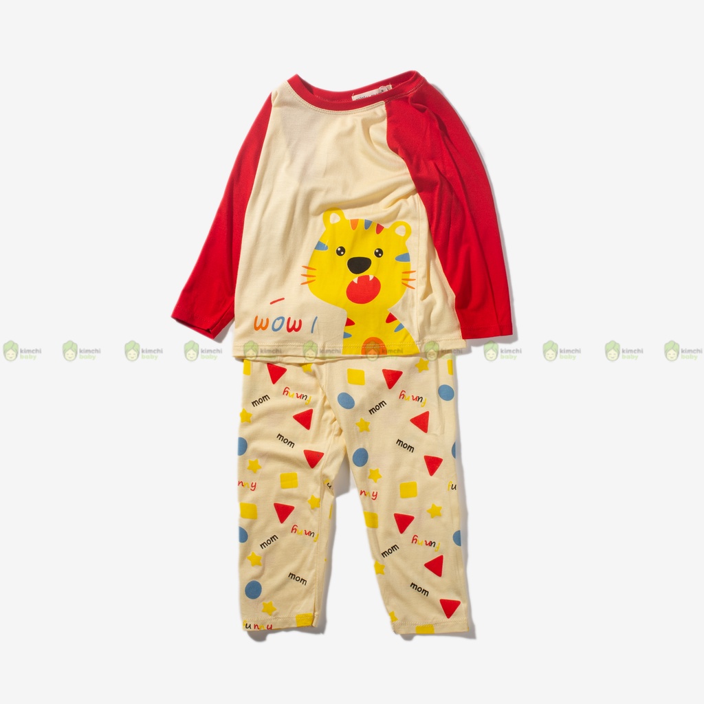 Bộ Dài Tay Cho Bé Trai, Bé Gái Vải Thun Lạnh Minky Mom Hoạ Tiết Hươu Vàng Giáp Lăng, Đồ Bộ Mặc Nhà Cho Bé MKMTD2230