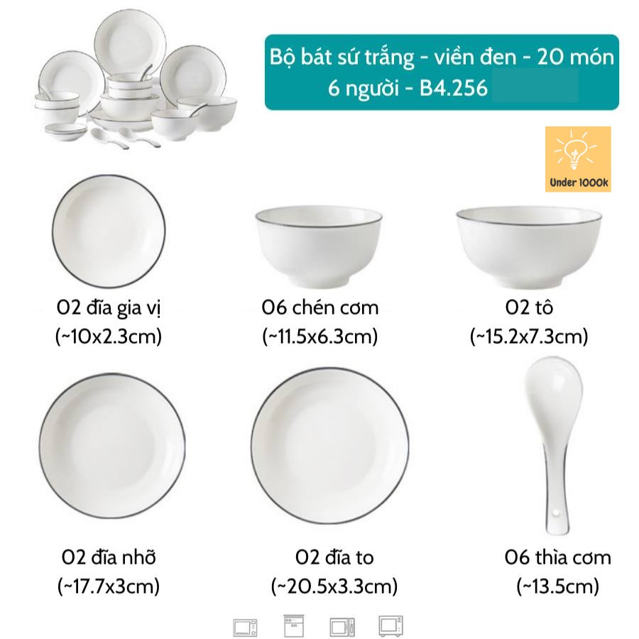 Bộ bát - bộ bát đĩa sứ - 20 món cho gia đình 6 người - màu trắng viền đen - phụ kiện bàn ăn B4.256