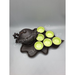 Bộ ấm chén gốm bát tràng tử sa đất đen khay lá ấm đắp nổi 450ml