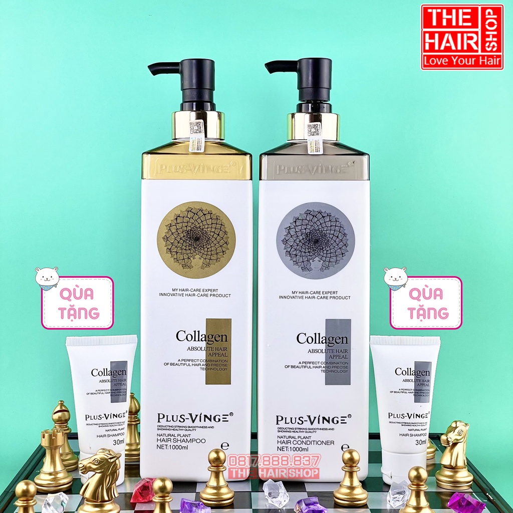 Cặp Dầu Gội Xả Collagen VINGE Plus 1000ml ,combo dầu gội, dầu xả thơm lâu phục hồi róc, ngăn rụng tóc tại nhà