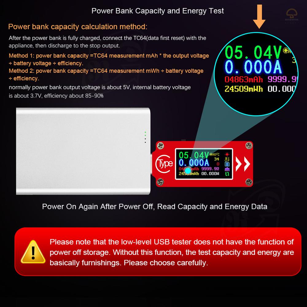 Usb Đo Vôn Kế / Ampe Kế TC64 Type-C Có Màn Hình LCD Màu Sắc