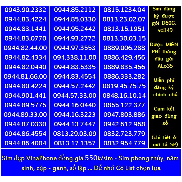 Sim Vina số đẹp 550k Miễn phí ĐK chính chủ Miễn phí gói ALO35 tháng đầu, ĐK được gói VD149-D60G...(xem ở chi tết)