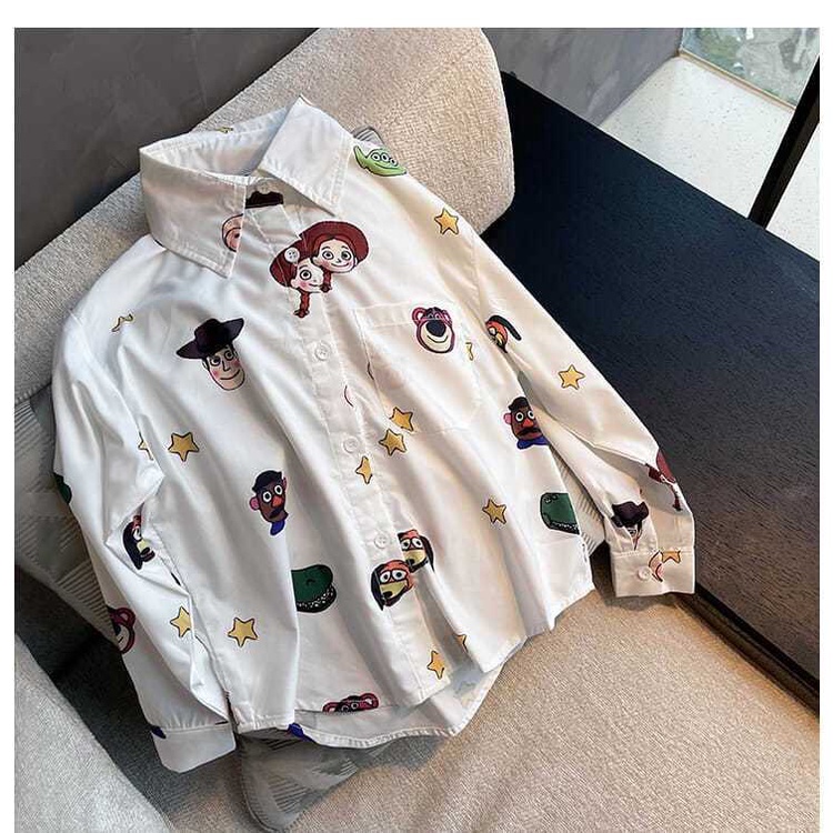 Áo sơ mi trắng dài tay in họa tiết dễ thương cho bé gái cao 90-150cm, nặng 10-35kg