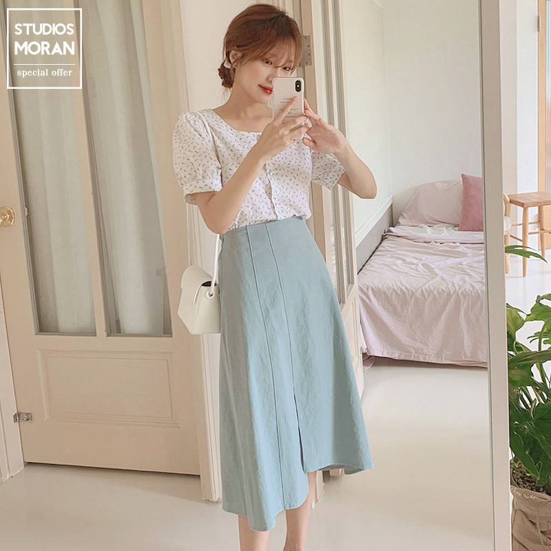 (ORDER) Chân váy MORAN xòe dài nhẹ nhàng xẻ tà giữa vạt cao thấp vintage | BigBuy360 - bigbuy360.vn
