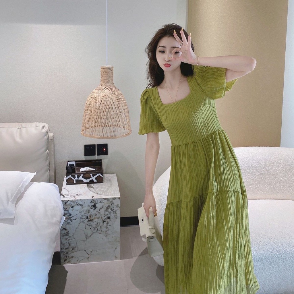 Đầm Tay Phồng Cổ Vuông Màu Xanh Lá Phong Cách Pháp Thời Trang Mùa Hè Hàng Mới 2022