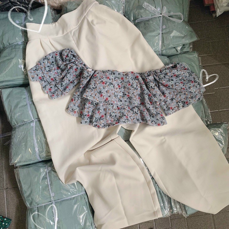 SET CROP BẸT VAI HOA + Quần SUÔNG TRẮNG | BigBuy360 - bigbuy360.vn