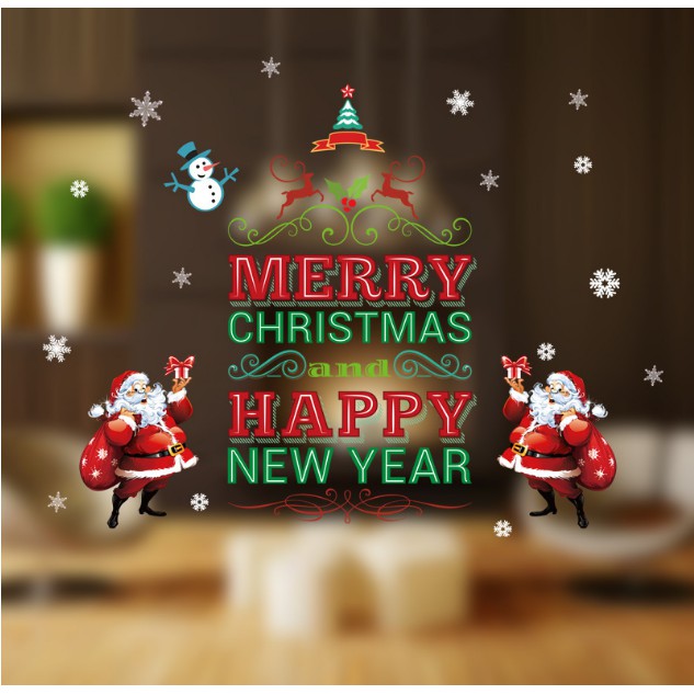 Decal trang trí tường Noel - Merry Christmas and Happy New Year Xanh Đỏ