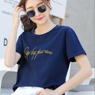 Áo thun nữ xanh than thêu chữ