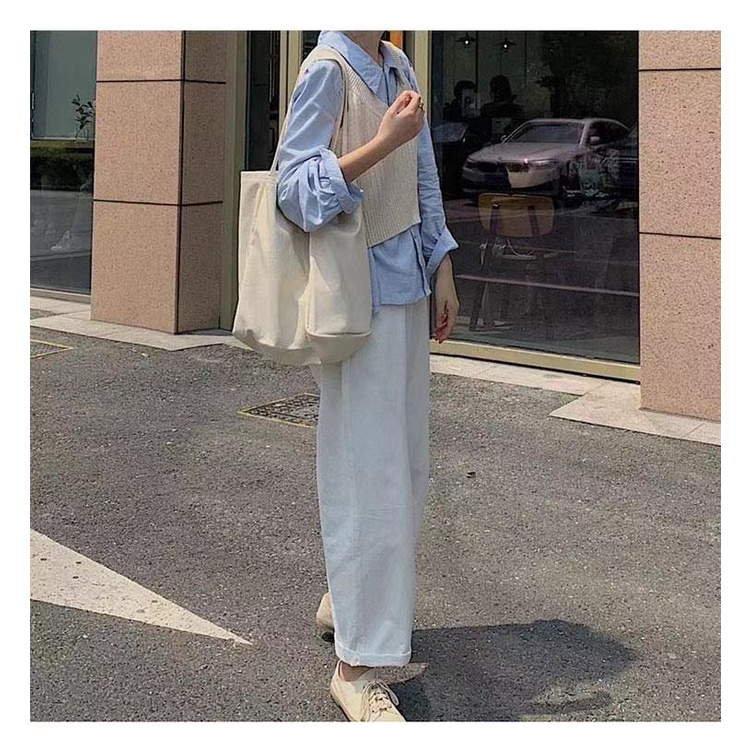 Set áo sơ mi dài tay cổ bẻ + áo len không tay thời trang nữ