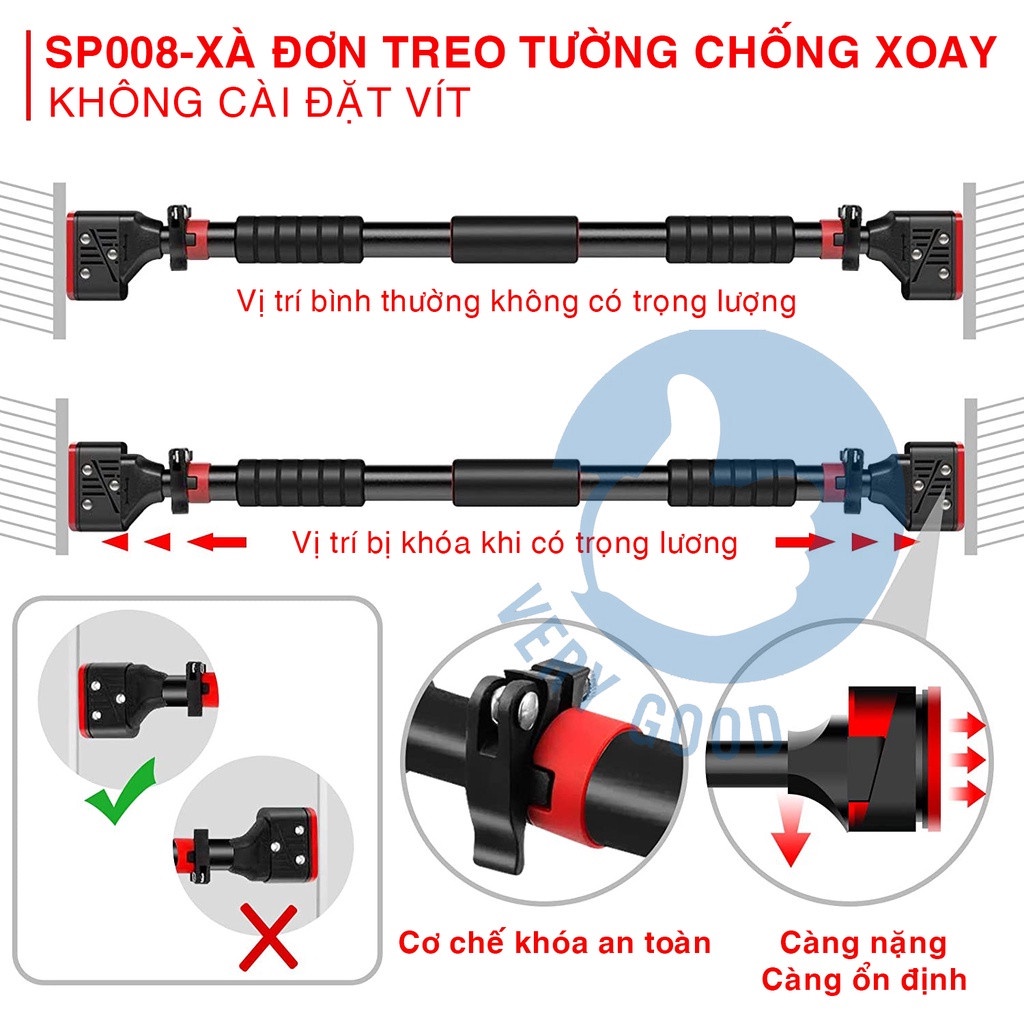 Xà đơn treo tường cao cấp Welike - Thanh xà đơn có chốt chống xoay, điều chỉnh độ dài từ 72 đến 140cm tập luyện tại nhà