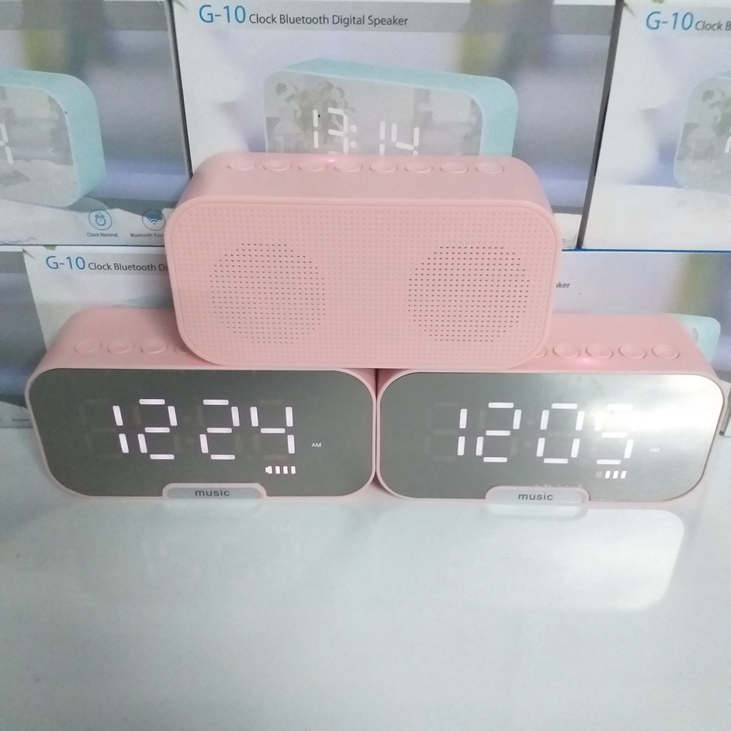 Loa Bluetooth kiêm đồng hồ, báo thức, đài FM, mặt gương hiển thị LED quà 20/10 màu hồng