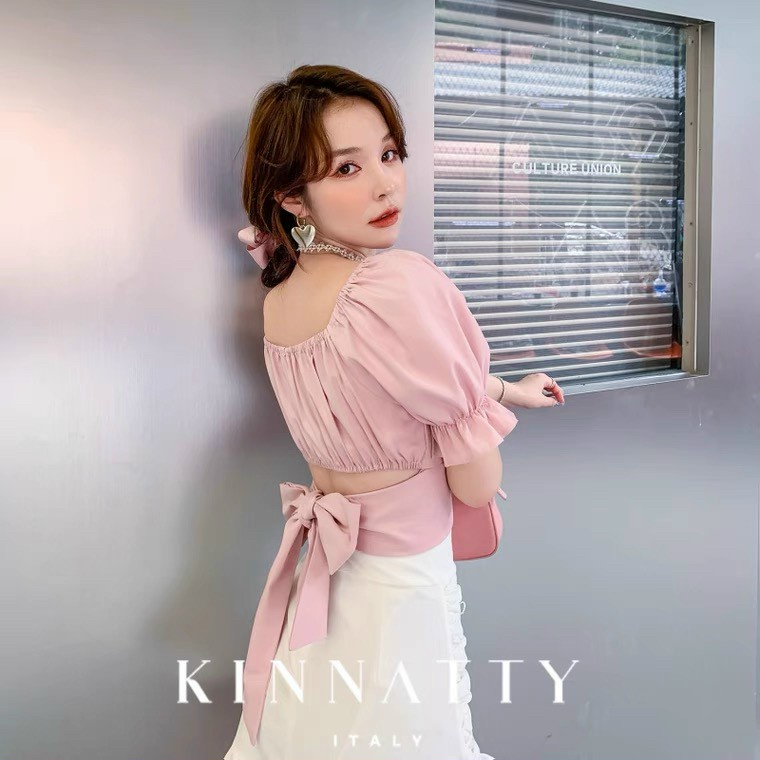 Áo Voan Croptop Ngắn Tay Cổ Vuông Chéo Eo Thắt Nơ Màu Trơn - Mã: 09 TV-Fashion