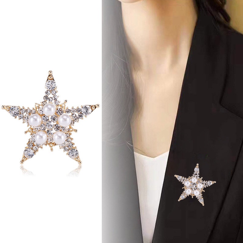 Ghim Cài Áo Hình Ngôi Sao Năm Cánh Đính Đá Ngọc Trai Nhân Tạo Thời Trang
