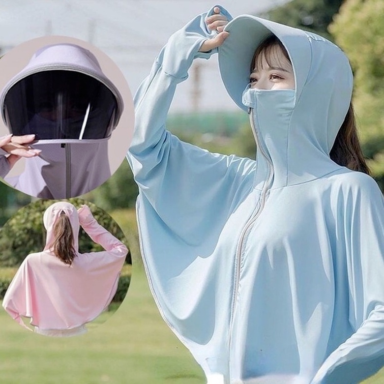 ♥️Cá Tuyết♥️Áo Khoác Chống Nắng 2 Trong 1 UPF50+ Có Khóa Kéo Và Khẩu Trang Trong Suốt Dành Cho Nữ