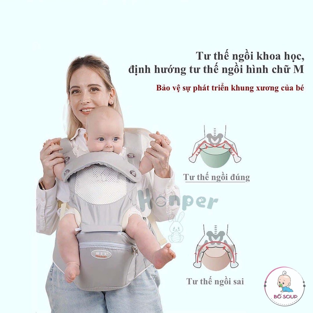 Địu em bé sơ sinh cao cấp, địu ngồi cho bé chính hãng Honper điều chỉnh 9 tư thế Shop Bố Soup